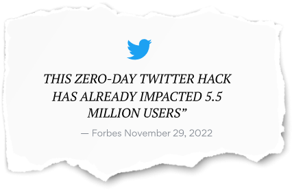 Text: This zero-day twitter hack has already impacted 5.5 mission users.